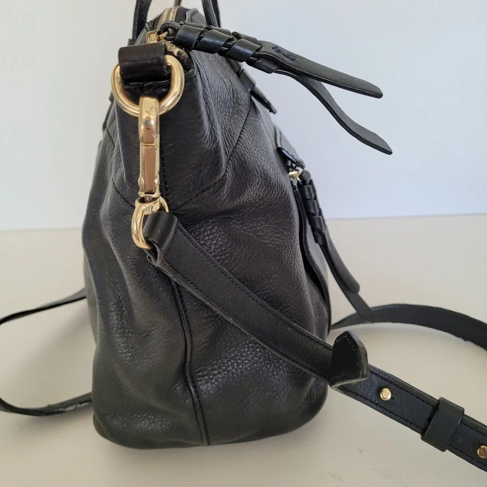Cole Haan Black Leather Satchel Crossbody Bag Gold Hardware Braided Zip Pull